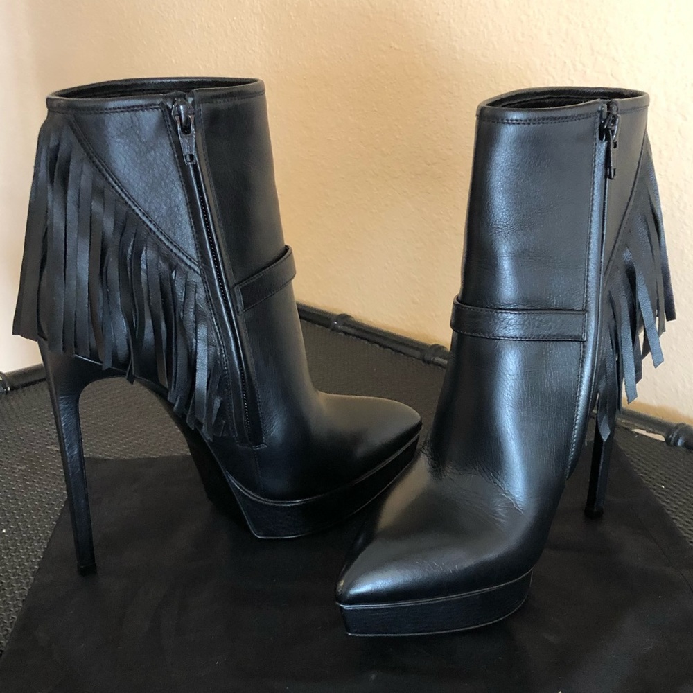 YSL or Saint Laurent “Janis” fringe high heel booties size 38